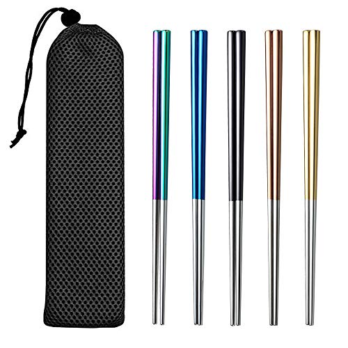 5 Pairs Metal Chopsticks Multicolor, 304 Reusable Stainless Steel Chopsticks Set with Bag, Dishwasher Safe, 9.05inch Colorful Chop Sticks for Asian Korean Chinese Japanese Food(5Colors+Silver)