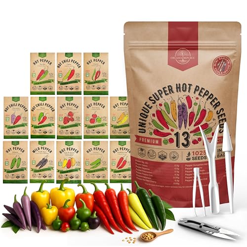 Organo Republic 13 Unique Super Hot Pepper Seeds Variety Pack - 1,020+ Non-GMO Heirloom Pepper Seeds...