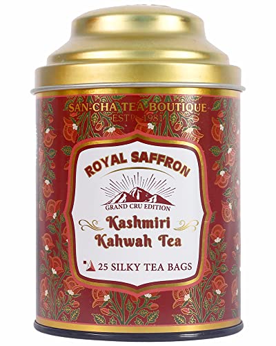 Sancha Tea Boutique Kashmiri Kahwah | Saffron Spiced Green Tea with Cinnamon & Cardamom | 25 Biodegradable Pyramid Tea Bags | Authentic Himalayan Kahwa Blend