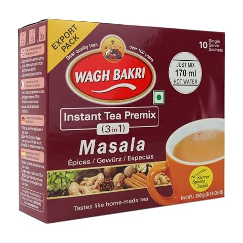 Wagh Bakri Instant Masala Tea | 3 in 1 Sugar+Milk Solids+ Tea | 10 Single Serve Sachets | 140g (4.93 Ounce) Cover
