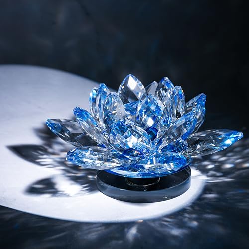 Image of FengShui Crystal Lotus Flower Showpiece & Paper Weight | Vastu Decor for Home & Office | Desk Decoration | Fengshui Items for Home Decor, Wealth & Gifting | Blue (Large-12.5 x 6.5 CM)