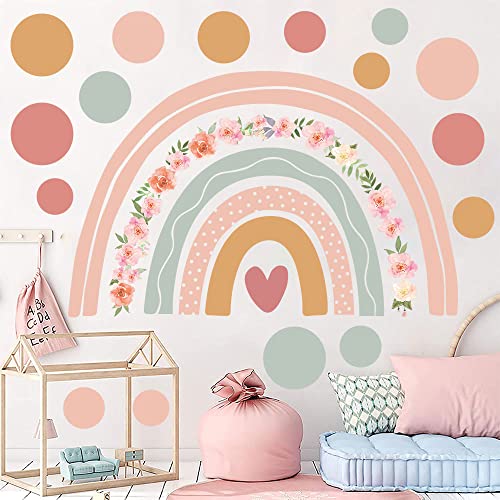 Supzone Large Rainbow Flower Wall Stickers Boho Polka Dots Wall Decal Vinyl for Girls' Room Kids Baby Nursery Bedroom Living Room Playroom Classroom Wall Decor