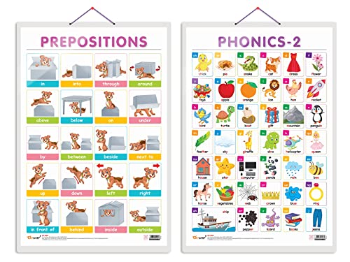 Image of GO WOO Combo of 2 PREPOSITIONS and PHONICS - 2 Educational Posters for Preschool Kids Classroom Study | Learning- Charts for Kids Learning (20 inchX30 inch Inches)