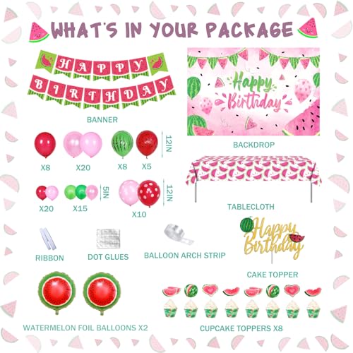 100 PCs Watermelon Party Decorations, Hombae Watermelon Birthday Decorations Backdrop Balloon Garland Banner Tablecloth Cake Cupcake Topper Sweet Melon Pink Green Red - Thumbnail 2