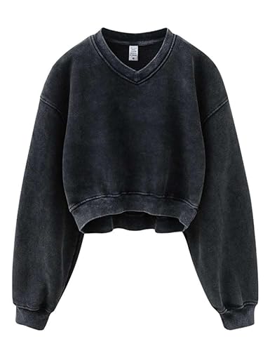 Hatant Sweatshirt for Women Acid Wash Athletic Hoodie Heritage Fleece V-neck Long Sleeve Hoodie Fleece Women Sweatshirt - Large - Black