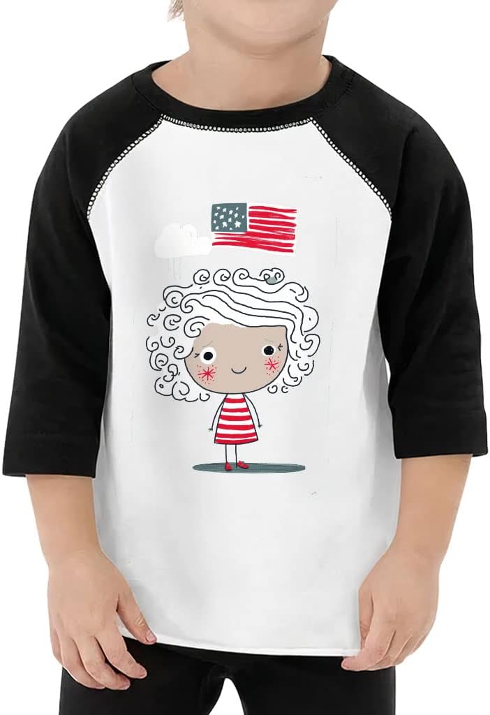 Cute American Flag Toddler Baseball T-Shirt - Cartoon Print 3/4 Sleeve T-Shirt - Cute Kids' Baseball Tee