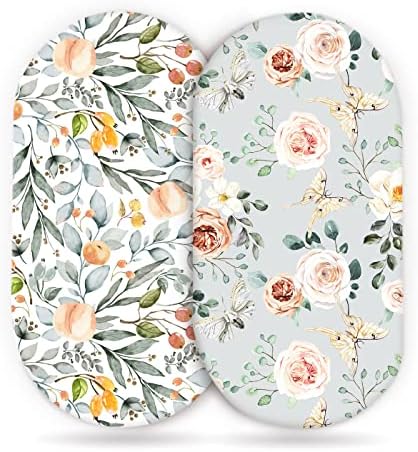 GRSSDER Stretchy Ultra Soft Fitted Bassinet Sheet Set 2 Pack for Girls Universal Fit for Baby Cradle Moses Basket Oval Rectangle Mattress, Watercolor Flowers and Fruits
