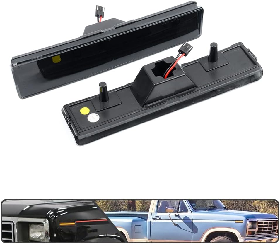 2Pcs Amber LED Side Marker Light Assembly for Ford Bronco F150 F250 F350 1980-1986 Front Bumper Indicator Turn Signal Light Replace OEM Sidemarker Lamp Smoked Lens