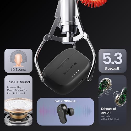 Image of E GATE A60 Gaming Earbuds with 60 Hrs Playtime, Quad Mic ENC,Touch Control, Low Latency, BT v5.3 Bluetooth Ear Buds with Voice Assistant, 10mm Bass Dynamic Driver, Water Resitant Wireless Earphones