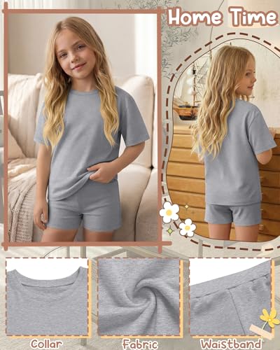 Image of Oakgarden Girls 2 Piece Outfits School Clothes | Back to School, Travel, Summer, Casual Sets, Athletic, Short Sleeve Top, Bike Shorts, Tween, Trendy, Matching Clothing, 5-14Y