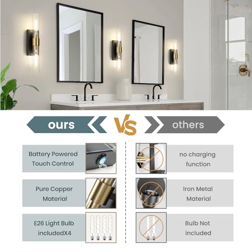 Image of Wall Sconce Set of Two, Battery Operated Wall Sconce, Rechargeable Wall Lamp with Remote, Indoor Non-Hardwired Wall Sconces, Modern Vanity Light for Bedroom, Hallway, Aisle