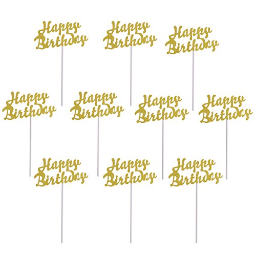 Ultnice 10Pcs Cake Topper Gold Cupcake Toppers Happy Birthday Cake Decor For Party #TOP21