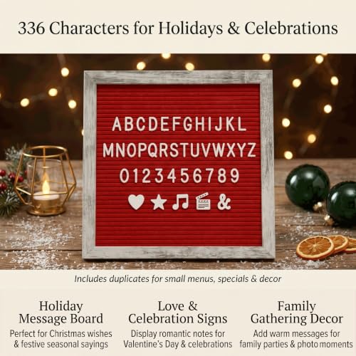 Image of Rustic Red Felt Letter Board Sign, 10x10 Inch with Display Stand | 336 letters, numbers and symbols, rustic wood frame, wall mount and stand for warm everyday home messages