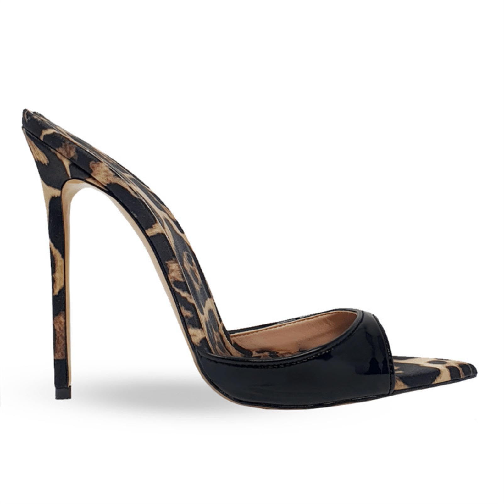 Generico Mules Tacco A Spillo Punta Stretta Punta Aperta Senza Retro Facili da Indossare Tacco Alto Scarpe Eleganti Tomaia Liscia Design Leopardato Festa Sera