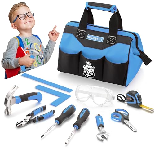 REXBETI 10-Piece Kids Tool Set with Real Hand Tools, Blue...