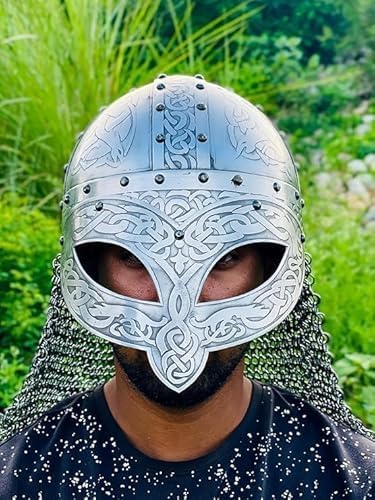 Medieval Viking Battle Helmet with Celtic Etched Design, Polished Steel, Chainmail, LARP Costume Armor, 18 Gauge, 26.5 Inch (Style - 1)