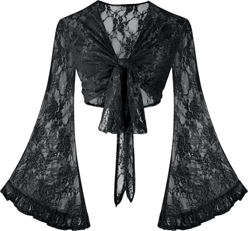 BB&KK Women Boho Tops Lace Bell Sleeve Wrap Crop Blouse Lightweight Tie Front Summer Shrug Cardigan Flowy Flare Sleeve Western Top 70s Disco Outfit Going Out Black S