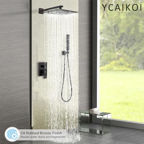 Image of Shower Faucet Set Complete, Wall Mount Shower System for Bathroom 12 Inch High-Pressure Rainfall Shower with Handheld, Rough-in Valve Body and Trim Kit, Oil Rubbed Bronze