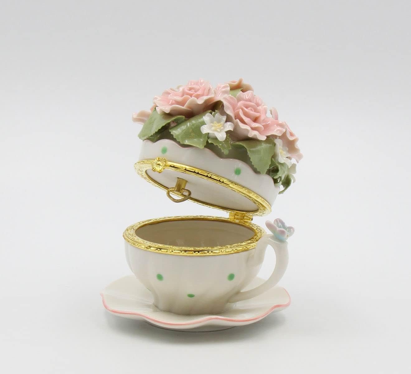 Cosmos Gifts 80048 Fine Porcelain Pink Rose Flowers with Butterfly Cup & Saucer Hinged Box Music Box Figurine (Music Tune: Everything is Beautiful), 4-1/2"