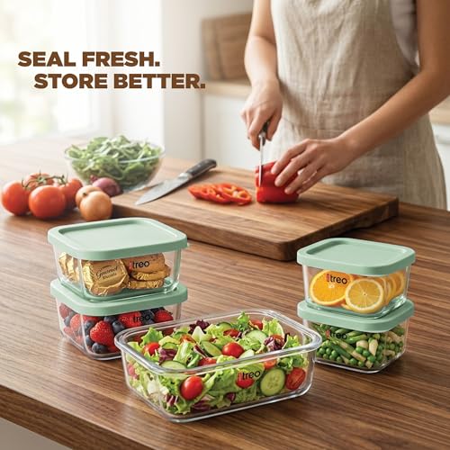 Image of Treo By Milton Nutri Borosilicate Glass Containers for Fridge Storage Set of 6 (2 x 310ml, 2 x 520ml, 1 x 750ml, 1 x 1200ml) I Stackable Glass Container with Lid, Microwave & Dishwasher Safe, Green