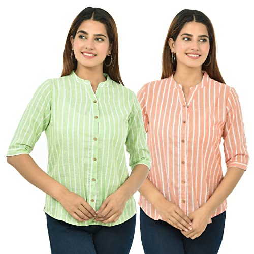 Image of Women /Girls Cotton Stripe Regular Fit Shirts Pack of 2