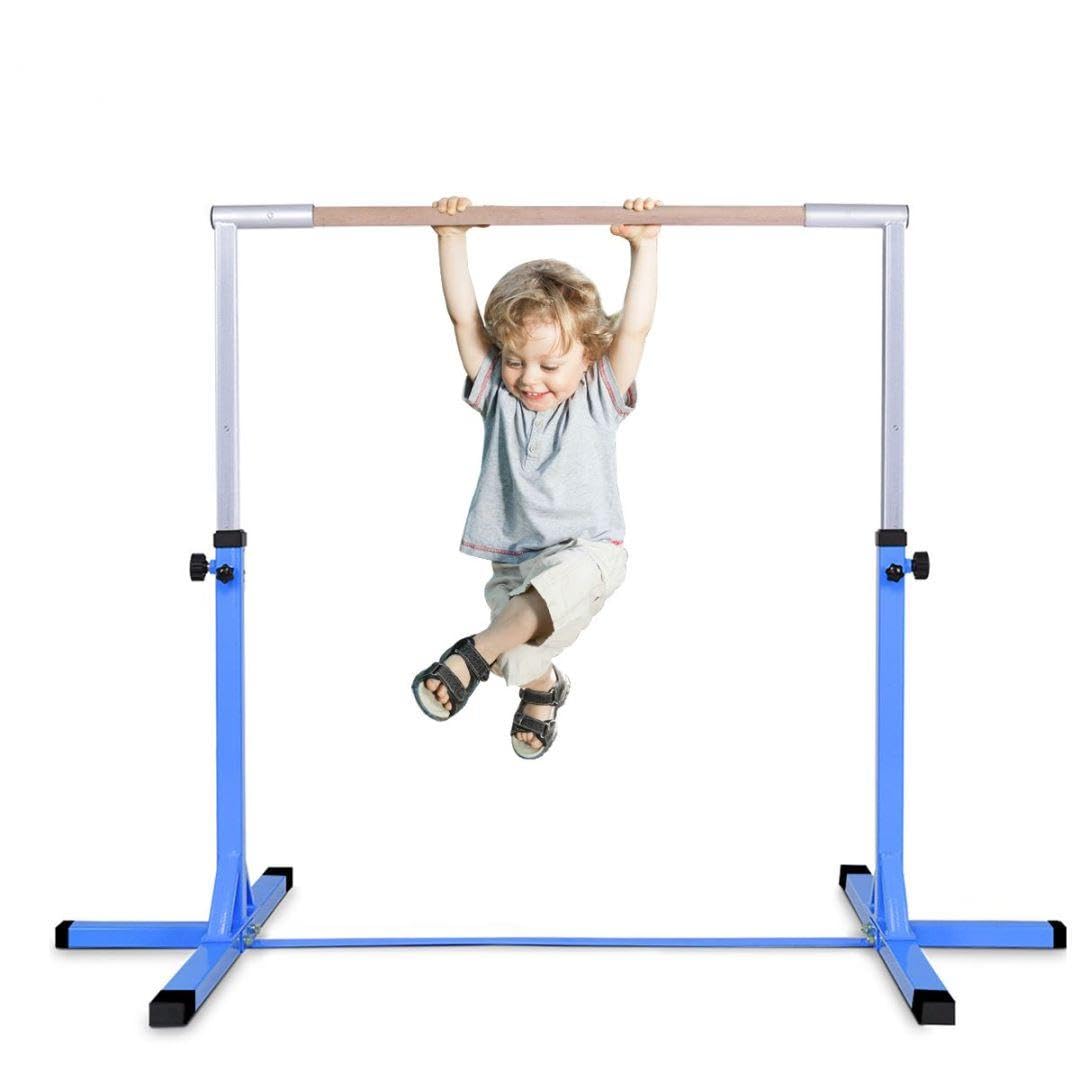 SPOTRAVEL Gymnastics Bar, Height Adjustable Home Gymnastics Equipment for Kids, Horizontal Training Kip Bars for Home Gym (Blue, 90-150 cm)