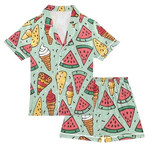 ALAZA Watermelon Ice Cream Cartoon Pajamas Satin Pajama Set Short Sleeve Button Down Sleepwear