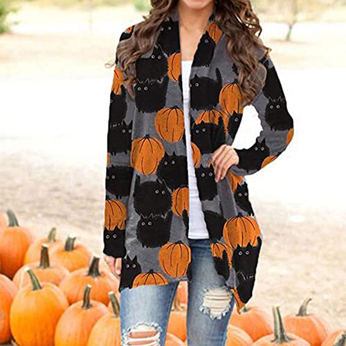 Women's Halloween Pumpkin Cat Print Knitting Cardigan Long Sleeve Open Front Knitted Sweater Outwear Coat Tops (Deep Gray3