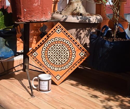 Image of Ethnics of Kutch Traditional Kutch Handicraft Mud-Mirrorwork Lippan Kam Wall Art (Water and Break Resistant) - Square (12 inch x 12 inch) - (Orange LKT-0266)