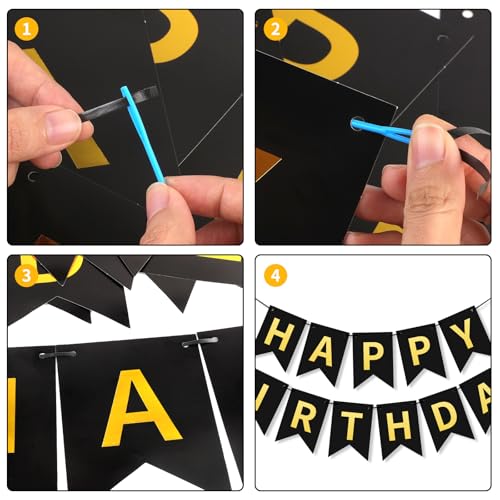Image of Black Gold Happy Birthday Banner Hanging Sign Circle Dot Triangle Bunting