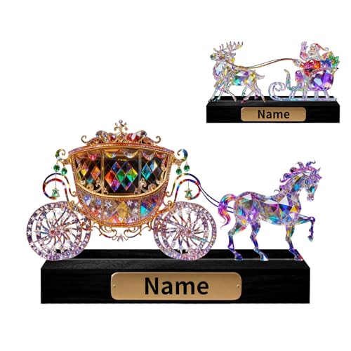 PCxfeeg Personalized 2D Flat Crystal-Like Carriage Figurine Colorful Magical Horse-Drawn Carriage Decoration Custom Name Plate Desktop Ornament Gifts for Kids Fairy Tale Enthusiasts Xmas Birthday