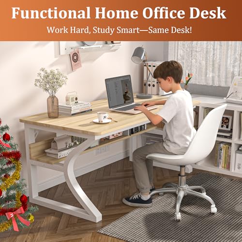 Image of 55 inch Computer Desk, Home Office Desk with Storage Shelf, Sturdy U-Shaped Metal Frame Study Table with Cable Management, Gaming Desk for Office & Bedroom (Light Walnut, 55inch)