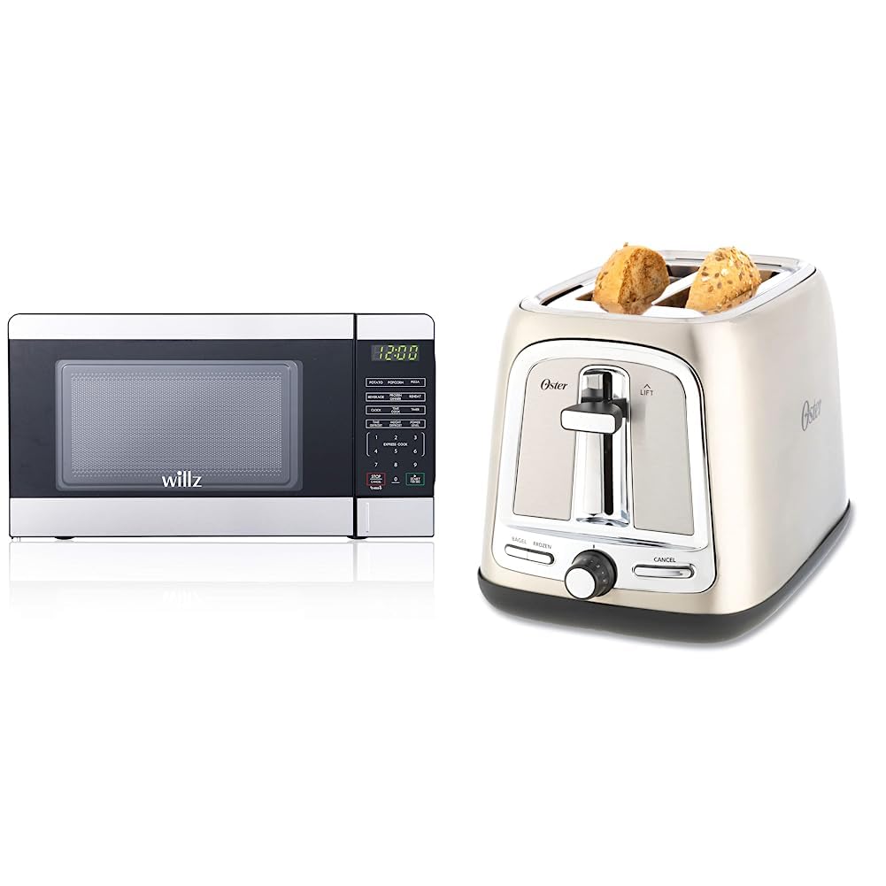 Willz WLCMV207S2-07 Countertop Small Microwave Oven with 6 Preset Cooking Programs Interior Light LED Display, 0.7 Cu.Ft, Stainless Steel &amp; Oster 2-Slice Toaster with Advanced Toast Technology
