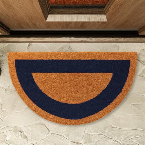 Felpudo de Coco, Alfombra de Entrada de casa, Felpudo ecológico de Fibra de Coco, Alfombrilla de Entrada, Tapete de Bienvenida, 100% Coco, Naturales sostenibles Cenefa Azul, Semicircular, 55 x 30 cm