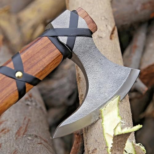 Image of Viking Axe of Ragnar Lothbrok Hunting Axe with Rosewood Handle - Hand-Forged High Carbon Steel Sharp Blade, Handmade Camping Axes, Hatchet-Norse Ax, Tomahawk Vikings Bearded Axes, with Leather Sheath