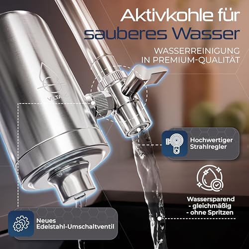 VILTARO® Wasserfilter Wasserhahn – nur 2 Cent/Liter Trinkwasser, BPA-frei, Edelstahl, wassersparender Strahlregler, Aktivkohle | Filter Wasserhahn, Wasserhahnfilter für Trinkwasser, Water Filter Tap