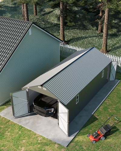 Image of Garvee 12x25 ft Enclosed Metal Car Port, Oversized Carport with Vertical Steel Roof for All-Weather Use, Metal Garage Shed with Man Door for Full-Sized Pickup Trucks & SUV, Gray