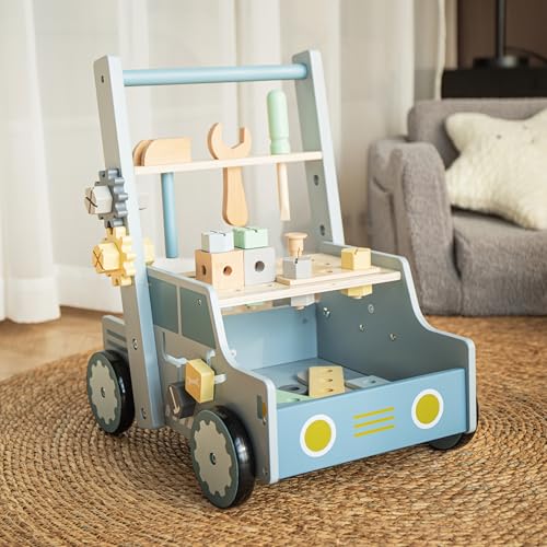 HOMEFULL Wooden Baby Walker Push Toy, Montessori Baby Push Walker with Activity Center, Educational Toy for Boys and Girls to Develop Motor Skills & Stimulate Creativity, Toddler Push Walker Toy