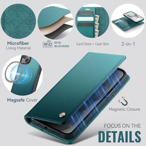 Image of Wallet Case for iPhone 13 Compatible with Magsafe, 2-in-1 PU Leather Flip RFID Blocking Card Holder Stand Shockproof Magnetic Detachable Cover for iPhone 13 Case 6.1 inch, Bluegreen
