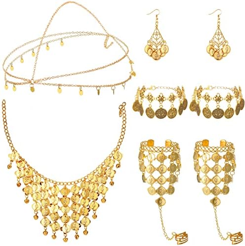 Inbagi Belly Dance Jewelry Set - Gold Sequins Head Chain, Coins Necklace, Earrings, Bracelets, Bohemian Tassel Anklet, Coin Veil