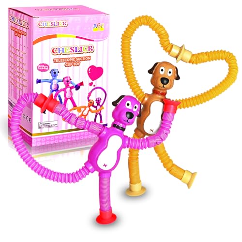 CHESLICR Autism Sensory Toys for Kid Boys Year Old Ages 4 5 6 7 8 9 10(2PCS), Suction Dog Toy Pop Tube Fidget Toys Autistic Travel Toys Valentine's Day Gift Easter Basket Stocking Stuffer for Kids