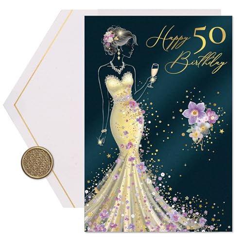 Joli Coon Biglietto auguri compleanno 50 premium STARDUST Lady – Biglietto auguri compleanno 50 anni donna con busta in carta premium e autentico sigillo in cera