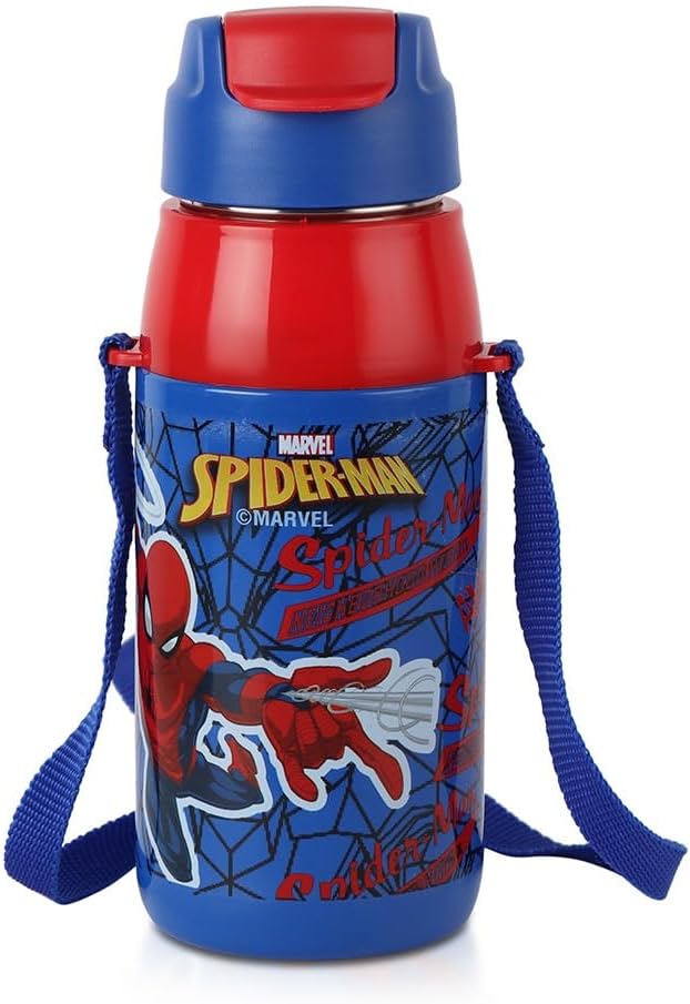 CELLO Puro Steel-X Hydra Kid 600 Inner Steel Insulated Water Bottle 520ml, Blue | Spiderman Design | ISI Certified, Leakproof | Easy to Carry with Loop | Insulated Cold Water Bottle For School