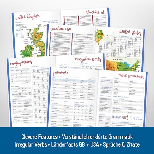 Häfft® 2 x Englisch Vokabelheft A5 mit 2 Spalten, liniert 64 Seiten - mit Sprüchen, Infos zu Kultur und Umgangssprache, Grammatik, Lernkontrollsystem, Stickern u.v.m