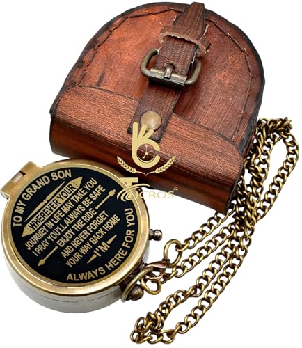Brújula vintage de latón con estuche de cuero grabado miniatura 4