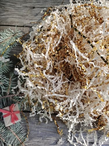 1/2LB Crinkle Cut Paper Shredded Paper for Gift Box Baskets Filler, White and Gold Crinkle Cut Paper Shred Filler Confetti for Packaging