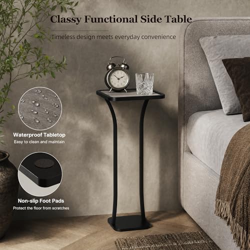 Image of Small Square Side Table, Drink Table with Weighted Base, Solid Wood & Metal Accent Table for Small Spaces, Pedestal End Table for Living Room, Bedroom, Office,Grey