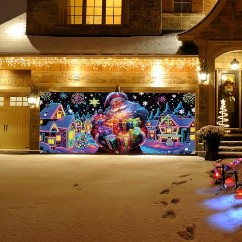 Décoration de vacances fluorescente UV pour porte de garage bâche Noël 4x1.8m - 2