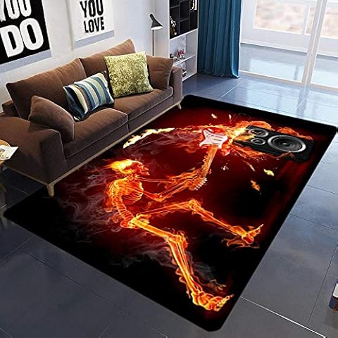 XIAOHUKK Flame music skull rock 3d printing large carpet living room area carpet soft flannel boy room gift rug cushion rug Cover