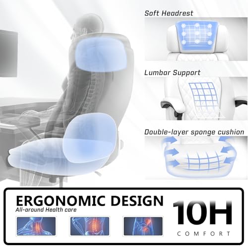 Image of 400lbs Office Chair with Foot Rest, Ergonomic Big and Tall Office Chair with Adjustable Headrest, High Back PU Leather Computer Chair,Comfy Heavy Duty Office Desk Chair (Classic White)